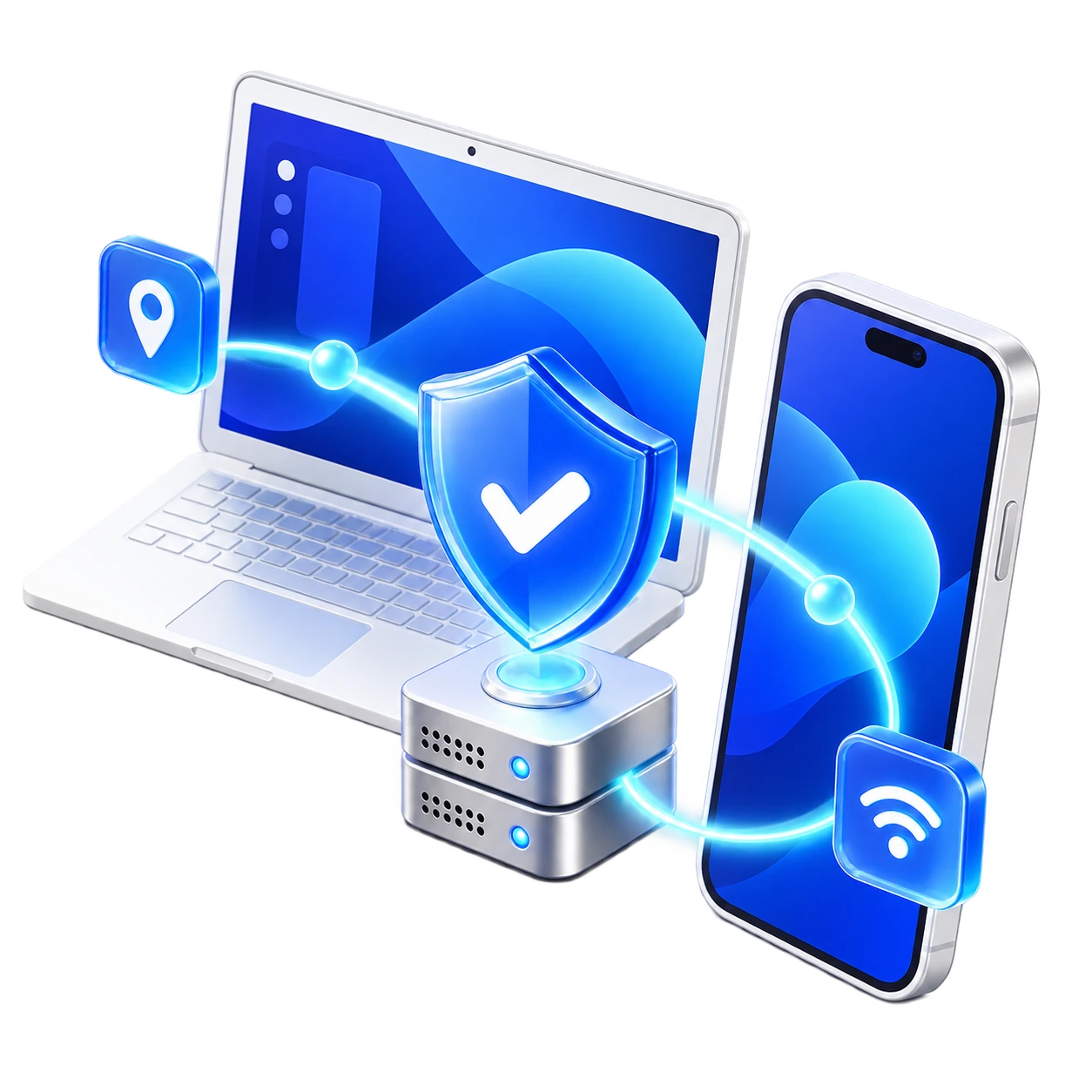 Ноутбук и смартфон соединены через защищённый VPN-сервер